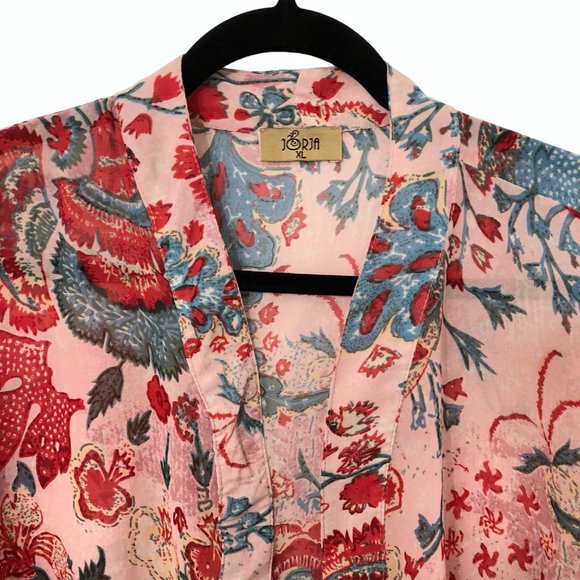 Jorja Red Blue Floral Open Front Long Sleeve Sheer Kimono XL - Picture 4 of 6